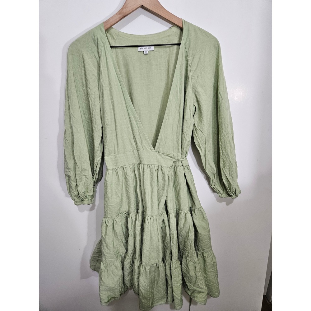 Gianni‎ Bini Sage Green Wrap Mini Dress Long Sleeve Tiered Ruffle Cotton Blend M